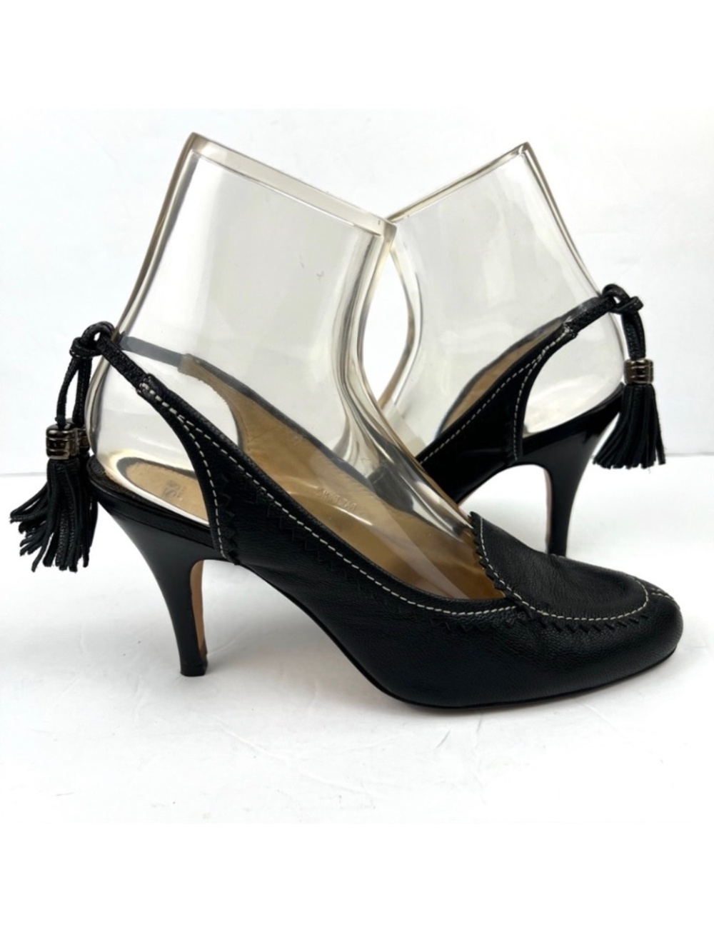 Hugo Boss Tassel Fringe Trim Leather Heels 39/8.0 Black Designer Quiet Luxury